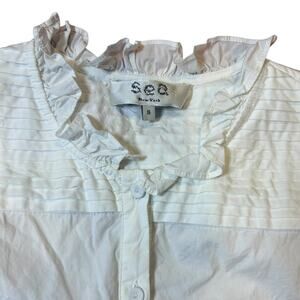 SEA New York Women's Multi Tier Dress SMALL White Flutter Sleeve Button Front